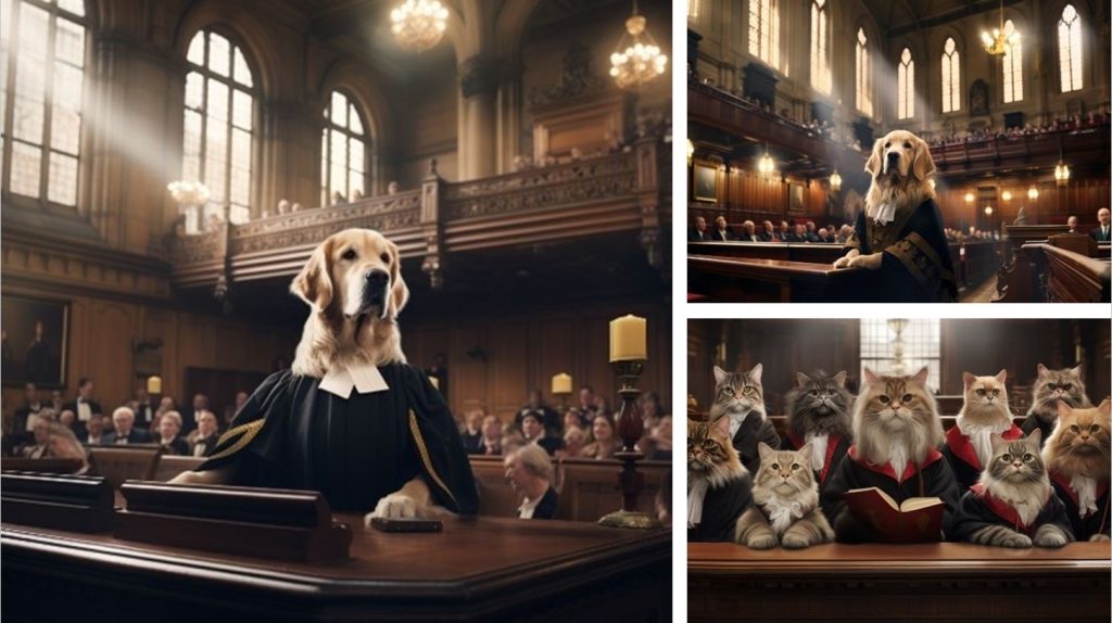 AI* generated images of a courtroom. Dog is the judge and Cats are the jury